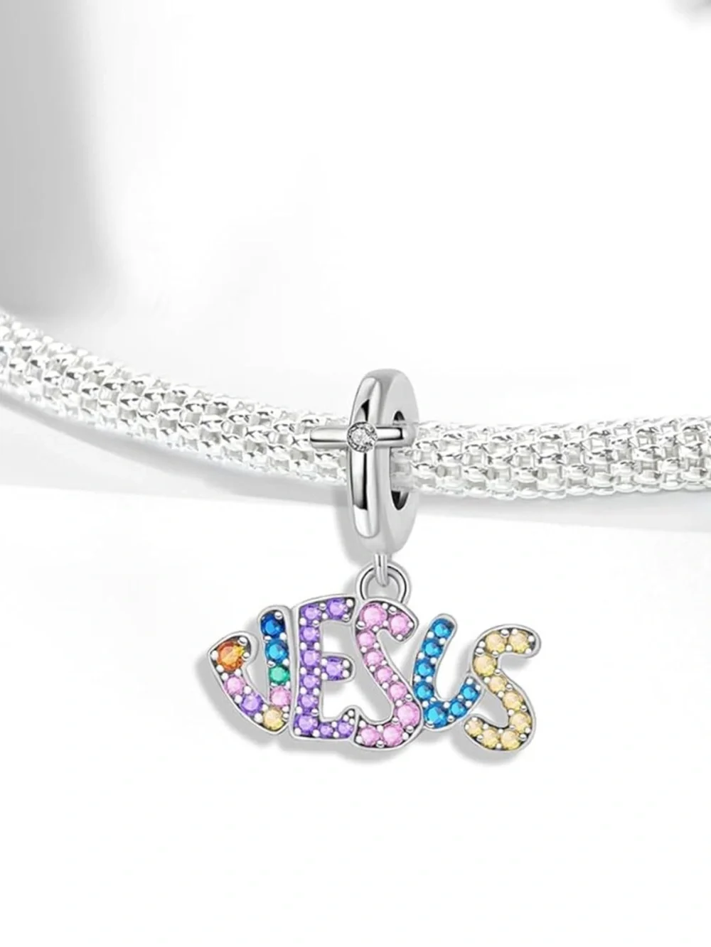 925 Jesus Rainbow CZ Dangle Charm Multicolor Christian Faith Jewelry